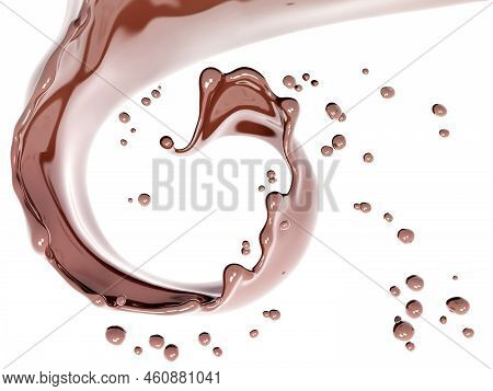 Spiral Twisted Chocolate Wave Or Flow Splash, Pouring Hot Melted Milk Chocolate Sauce Or Syrup, Coco