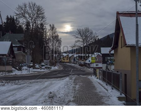 Harrachov, Czech Republic, December 4, 2021: Street In Harrachov Ski Resort At Winter Early Morning