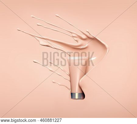Liquid Makeup Foundation Tube With Cosmetic Foundation Cream Splash. Blank Cosmetics Skincare Produc