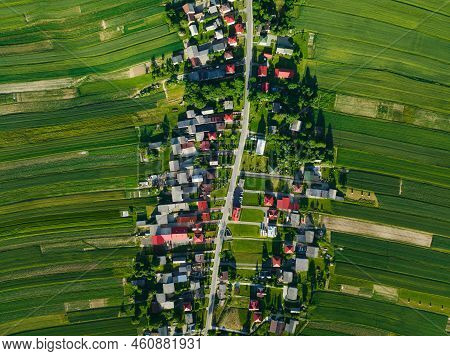 Aerial View Of Decorative Ornaments Of Diverse Green Fields And Houses Arranged In A Line Along The 