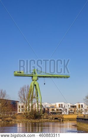 Historic Green Crane At The Geeste River In Bremerhaven, Germany