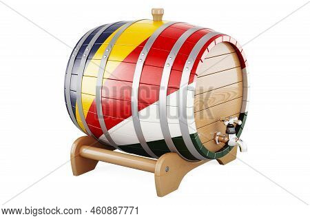 Wooden Barrel With Seychelloise Flag, 3d Rendering Isolated On White Background