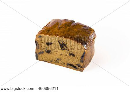Sliced In Half Loaf Of Brown Whole Wheat Bread With Prune Or Other Ingredient. Tasty Breadstuff Isol