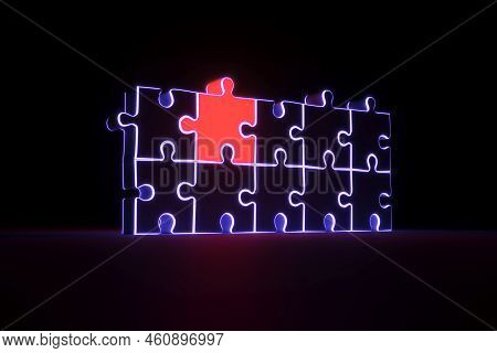Unique Puzzle Business Concept Success Leader Team Neon Self Illumination Background 3d Illustration