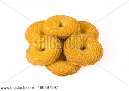 Six Round Golden Butter Cookies Put In A Composition. Cookie Advertisement Concept. Isolated On Whit