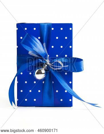 Blue Gift Box With Blue Ribbon And Toy On White Background. Christmas Present Box