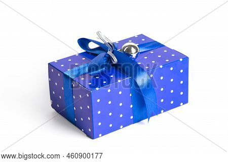 Blue Gift Box With Blue Ribbon And Toy On White Background. Christmas Present Box