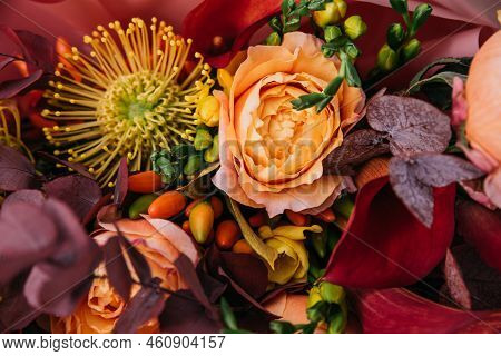 Red Pink Orange Autumn Colorful Fall Bouquet. Beautiful Flower Composition With Autumn Orange And Re