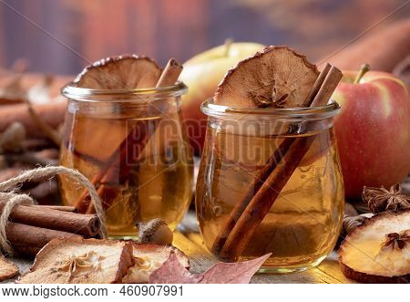 Glass Of Apple Cider With Cinnamon Stick And Dried Apple Chips With Autumn Background
