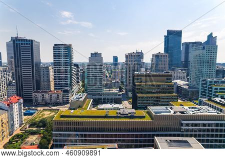 7.22.2022 Warsaw, Poland. City Development Concept. Aerial View Of Skyscrapers In Downtown Warsaw. C