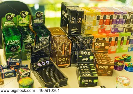 05.28.2022 Warsaw, Poland. Display Of Numerous Medical Marijuana Related Products. Colourful Crasher