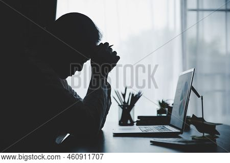 Stress Business Woman Person From Hard Work, Depression In Office. Tired And Anxious Employee Female