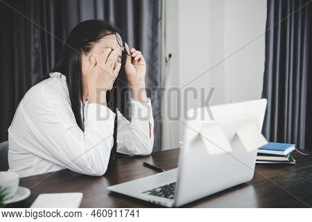 Young Business Woman Person Sleepy And Has Frustration Eye Problems With Cephalalgia Disease From Us