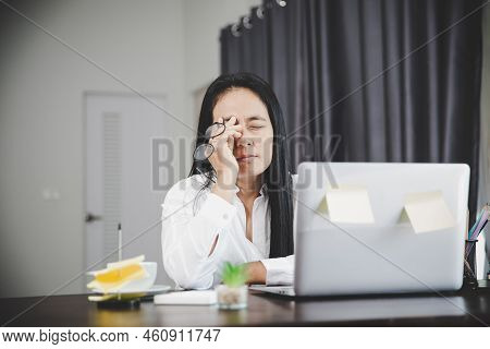 Young Business Woman Person Sleepy And Has Frustration Eye Problems With Cephalalgia Disease From Us