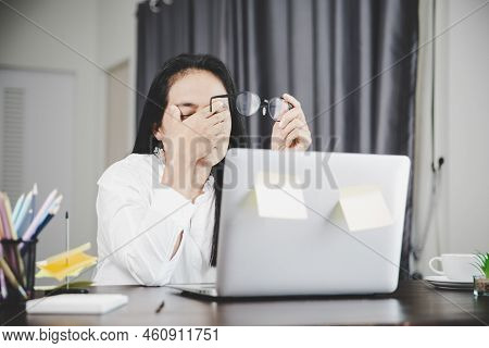 Young Business Woman Person Sleepy And Has Frustration Eye Problems With Cephalalgia Disease From Us