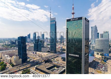 7.22.2022 Warsaw, Poland. Neomodern Architecture Of Two Skyscrapers - Centrum Lim In The Foreground 
