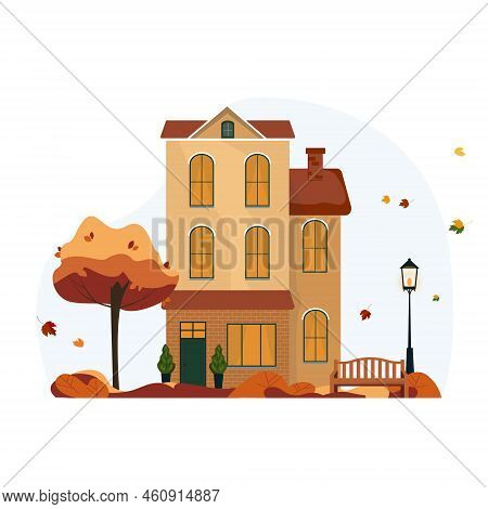 Family House In Autumn. A Building With Tree, Bench And A Lantern In The Yard. Vector Illustration F