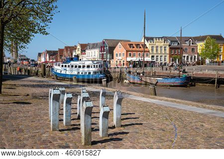 Husum, Germany - May 8, 2022: Harbor Of Frisian City Husum On A Sunny Day During Springtime On May 8