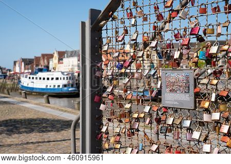 Husum, Germany - May 8, 2022: Love Locks In The Harbor Of Frisian City Husum On May 8, 2022 In North