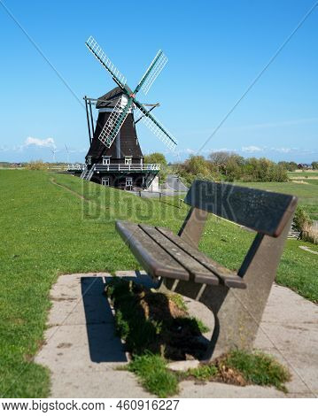 Panoramic Image Of The Windmill Of Pellworm Against Blue Sky, North Frisia, Germany