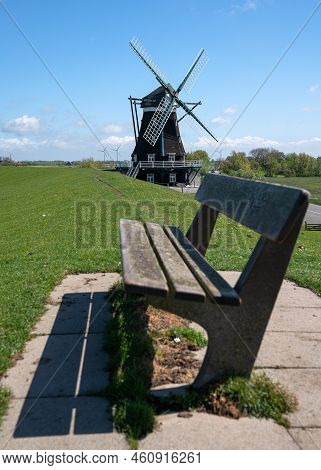 Panoramic Image Of The Windmill Of Pellworm Against Blue Sky, North Frisia, Germany