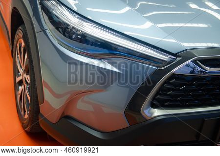 Samut Prakan, Thailand - August 26, 2022 : Close Up Front Light, All-new A New Car Toyota Corolla Cr