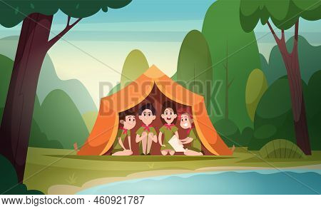 Scouts In Tent. Teenage Rangers Survive In Wildwood Scouts Group Sitting In Tent Swanky Vector Carto