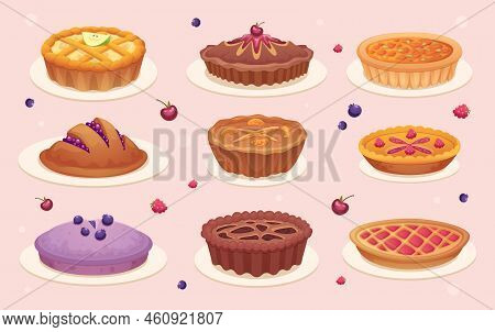 Fruit Cakes. Bakery Pie With Dessert Strawberry Jam Exact Vector Delicious Food