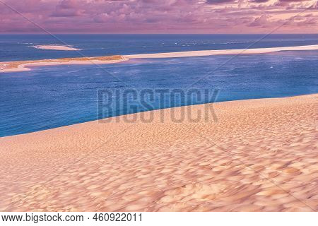 Sand Dune, Blue Sky, In Summer By The Sea. Dune Du Pilat, Arcachon, France. High Quality Photo