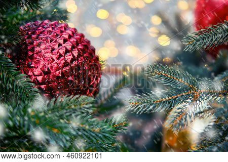 Big Red Balls On A Snow Branch Christmas Tree, Copy Space