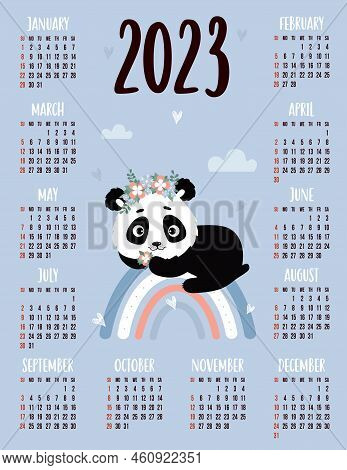 Vertical Annual Calendar For 2023 For 12 Months With Cute Panda On Rainbow. Vector Illustration. Ver