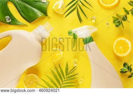 Eco Friendly Natural Cleaners, Cleaning Products, Natural Detergent Bottles With Green Leaves And Le