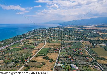 Aerial View Of Leptokaria And Aegean Sea In The Background. High Quality Photo