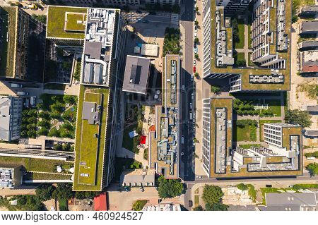 Neomodern Green Blocks Of Flats From Above. Drone Perspective. Green Rooftop Terraces. Cityscape. . 