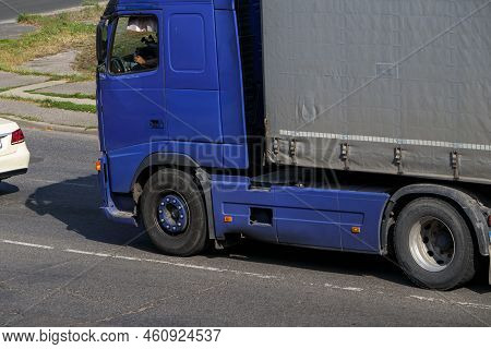 A Moving Truck On An Asphalt Street. Close-up Of The Truck. Volvo Fh. Riga, Latvia - 15 Aug 2022