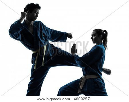 jeden człowiek kobieta kilka ćwiczeń sztuk walki vietvodao karate w studio sylwetka na białym tle na Zielone Świątki