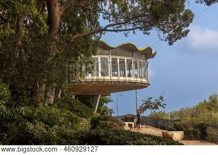 Haifa, Israel, August 23, 2022: The Unique Building Of The Rondo Restaurant On Footpath In The Louis