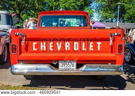 Falcon Heights, Mn - June 17, 2022: Low Perspective Rear View Of A 1960 Chevrolet Apache 10 Fleetsid