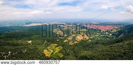 Aerial Panorama Of Leptokaria And Litochoro From Mount Olympus. High Quality Photo