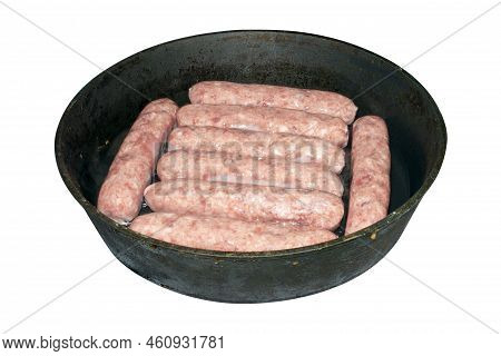 Kupaty In A Frying Pan On A White Background.minced Pork Sausages In A Frying Pan.prepare Kupaty Fro