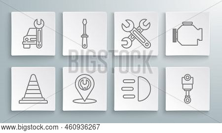 Set Line Traffic Cone, Screwdriver, Car Service, High Beam, Engine Piston, Wrench, Check Engine And 