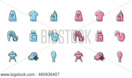 Set Line Barbecue Grill, Fresh Frozen Steak Meat, Pepper, Chicken Leg, Sauce Bottle, Fried Chicken W