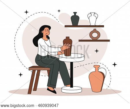 Clayware Crafting Concept. Young Girl With Jugs. Creative Personality, Creativity And Art, Handmade.