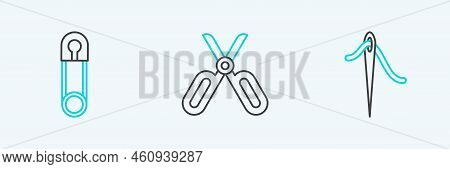 Set Line Needle For Sewing With Thread, Classic Closed Steel Safety Pin And Scissors Icon. Vector