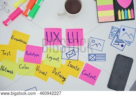 Creative Flat Lay Top View Photo Of Ux Designer Working Space And Office Supplies On White Backgroun