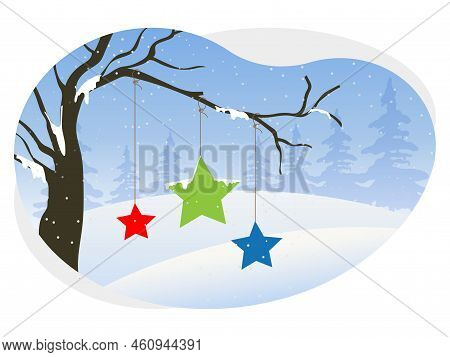 Christmas Winter Star Hanging On Tree Illustration.