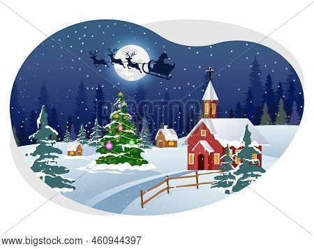 Santa Flying In Sky During Christmas Night Illustration.