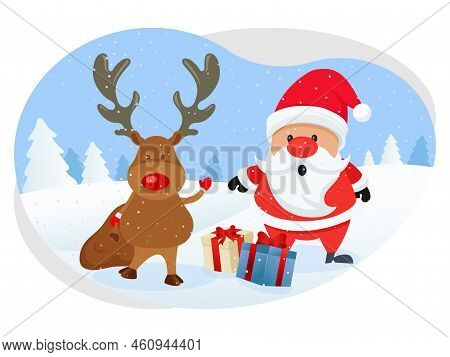 Christmas Santa And Reindeer Providing Gifts Illustration.