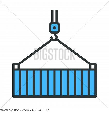 Crane Hook Lifting Container. Editable Bold Outline With Color Fill Design. Vector Illustration.