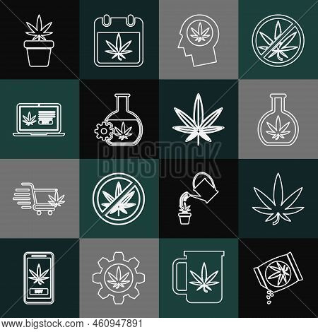 Set Line Marijuana Or Cannabis Seeds, Leaf, Test Tube With Marijuana, Head In Profile, Online Buying